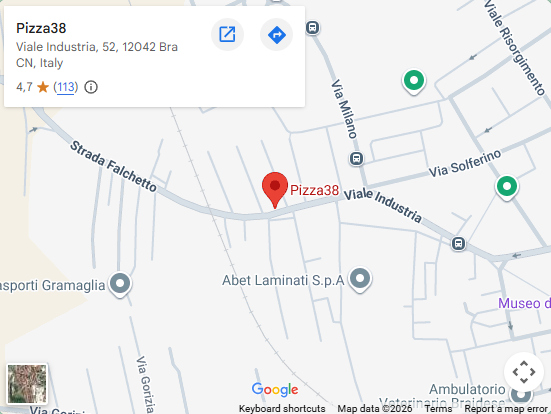 Mappa con la posizione di Pizza 38 in Viale Industria 52 a Bra